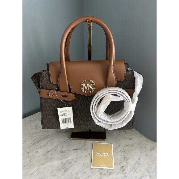 NWT Michael Kors Carmen Medium Flap Satchel Brown Handbag MK Crossbody Bag Purse - Picture 5 of 16